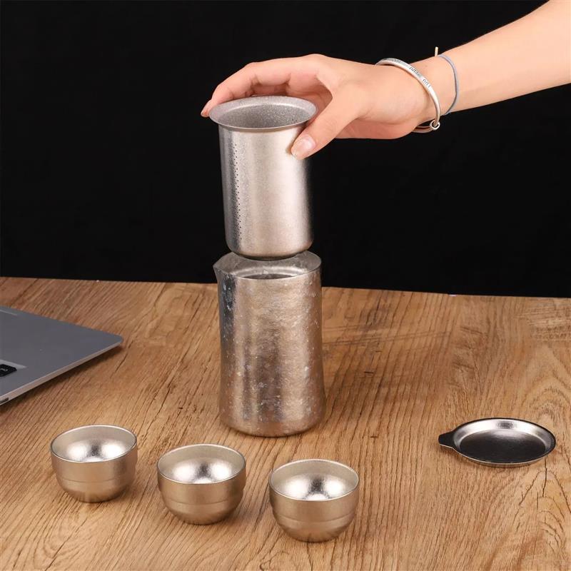 户外纯钛泡茶器便携旅行茶具套装茶杯双层露营钛合金快客杯钛茶具
