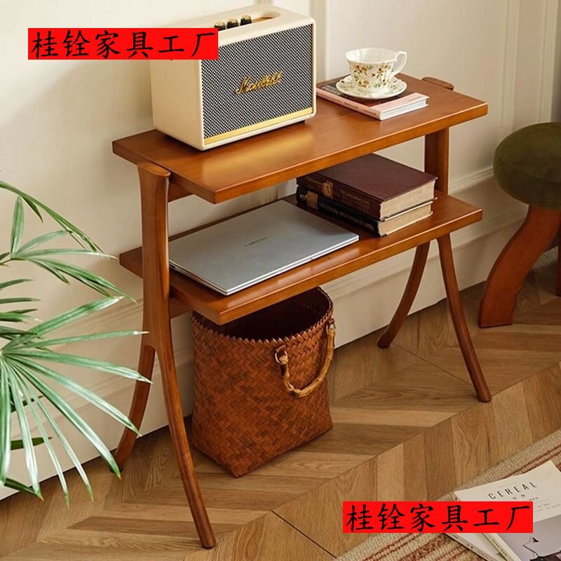 中古风家用客厅沙发边几侧边桌卧室床头置物架双层收纳架实木桌子