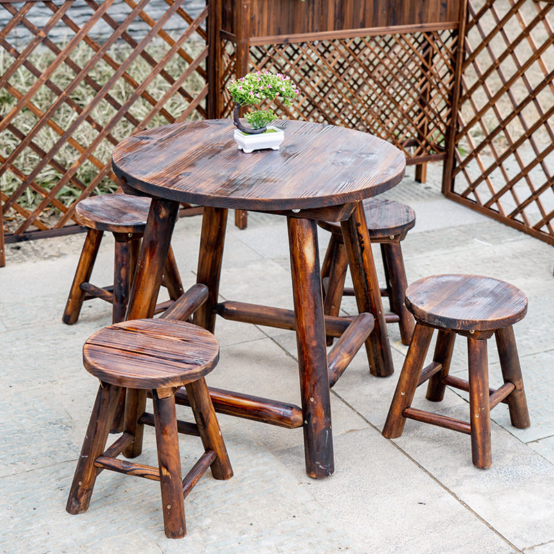 防腐木桌椅炭化木户外阳台桌凳圆形露天阳台咖啡桌防水家用茶桌椅