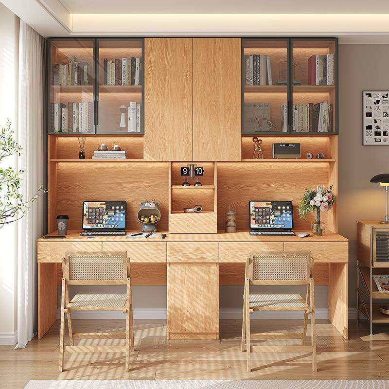 橡胶木书桌书柜一体转角儿童双人写字桌实木玻璃书架学习电脑桌