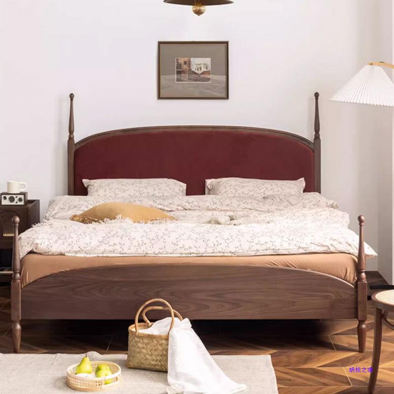 北欧复古软包1.8米实木床黑胡桃木床丝绒日式布艺1.5米卧室家具