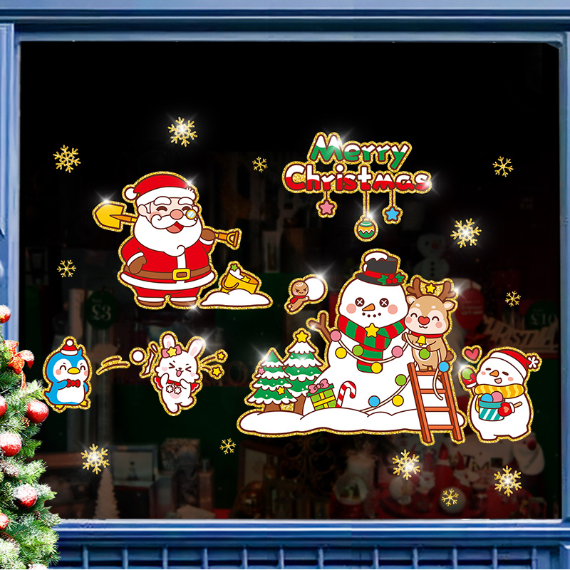 速发圣诞元旦节氛围人场品饰景布置圣诞老装雪花橱窗花贴画玻璃门