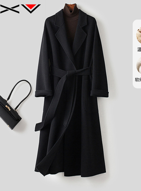 速发V黑色套0衣中长款2大25春新款双面呢加厚外山长过膝