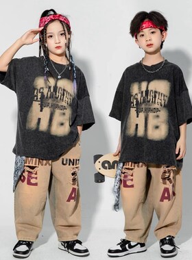 速发o舞少儿潮服男孩嘻哈做旧p恤套装hiph街T少儿表演服孩爵士舞
