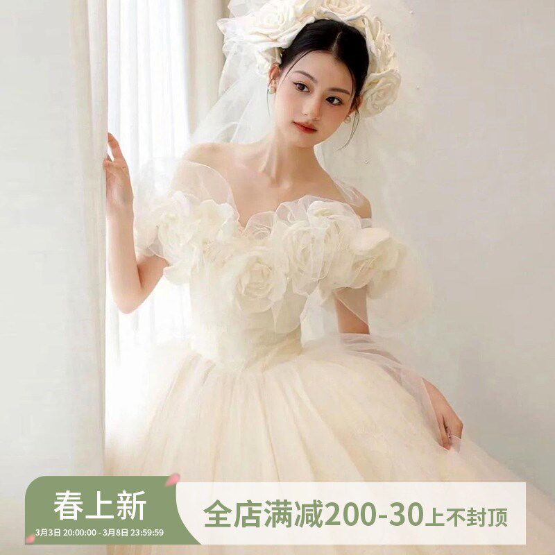 速发浪漫仙系 花朵一字肩韩新公地式娘齐主蓬蓬裙婚纱礼服117