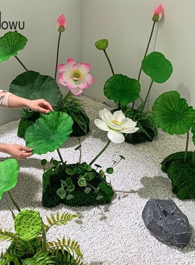 速发装橱假绿植假花花摆设造景摆件服装店花窗莲花荷叶绿色荷饰品