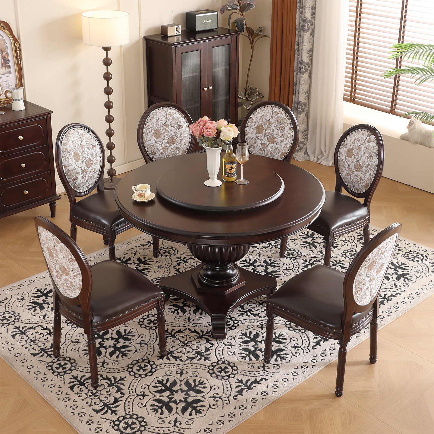 美式圆餐桌全实木家用圆桌转盘复古1.3米桃花心木圆形餐桌椅组合