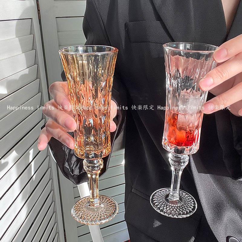 小众复古ins风钻石浮雕高脚杯高颜值玻璃杯香槟杯红酒杯甜酒之新