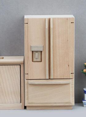 1:12娃娃屋dollhouse娃娃屋迷你木质小家具摆件ob11素坯双门冰箱