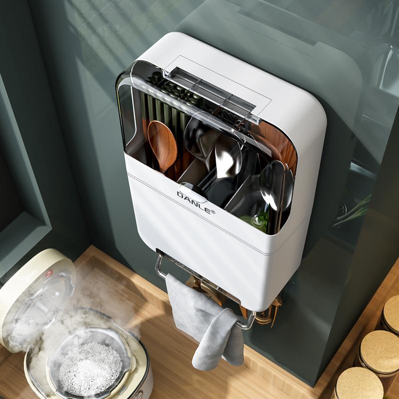 免打孔筷子篓家用壁挂式筷筒 勺子防尘带盖收纳盒 多功能厨房筷笼