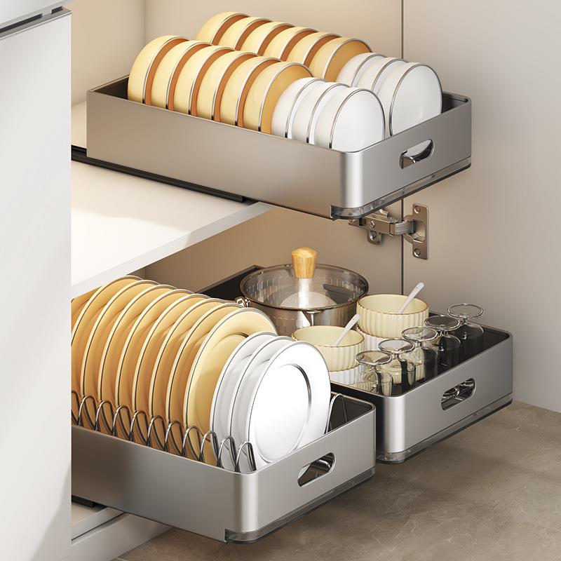 全金属圆角包边拉篮 加厚厨房台面置物架橱柜抽拉走轨碗碟沥水架