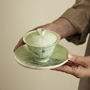 手绘粉引蝴蝶心兰花盖碗三才杯小号不烫手陶瓷泡茶碗女士精致茶具