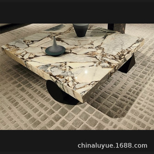 现代简约天然奢石圆餐桌轻奢茶几大理石托盘水墨印象茶几