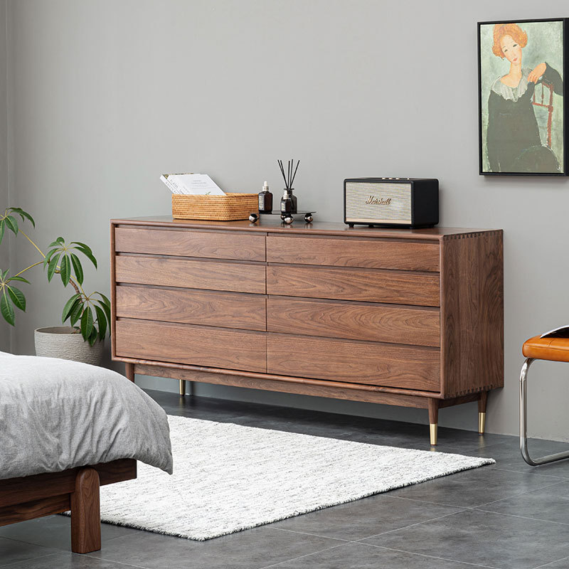 北欧全实木黑胡桃木八斗柜简约日式原木卧室家具北美樱桃木床尾柜