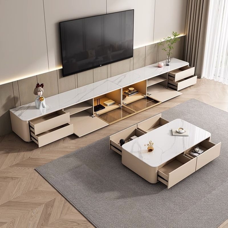 全实木奶油风电视柜茶几简约现代客厅落地柜家用小户型岩板地台柜