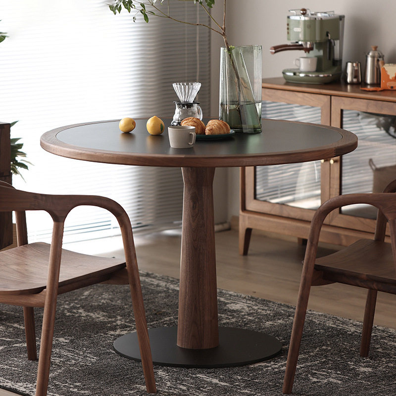 北美黑胡桃木全实木岩板圆桌家用小户型北欧简约圆形桌子饭桌餐桌