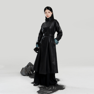 素改良圆领袍半高领长款 原创汉元 风衣大衣皮衣外套女 夜澜 织造司