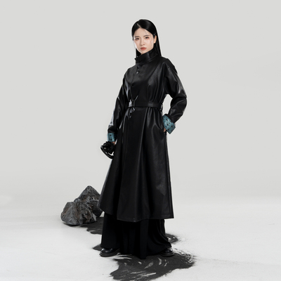织造司[夜澜]原创汉元素改良圆领袍半高领长款风衣大衣皮衣外套女