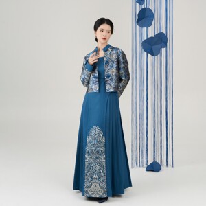 现货织造司[釉蓝枝]华彩东方秀款新中式国风妆花短外套吊带连衣裙
