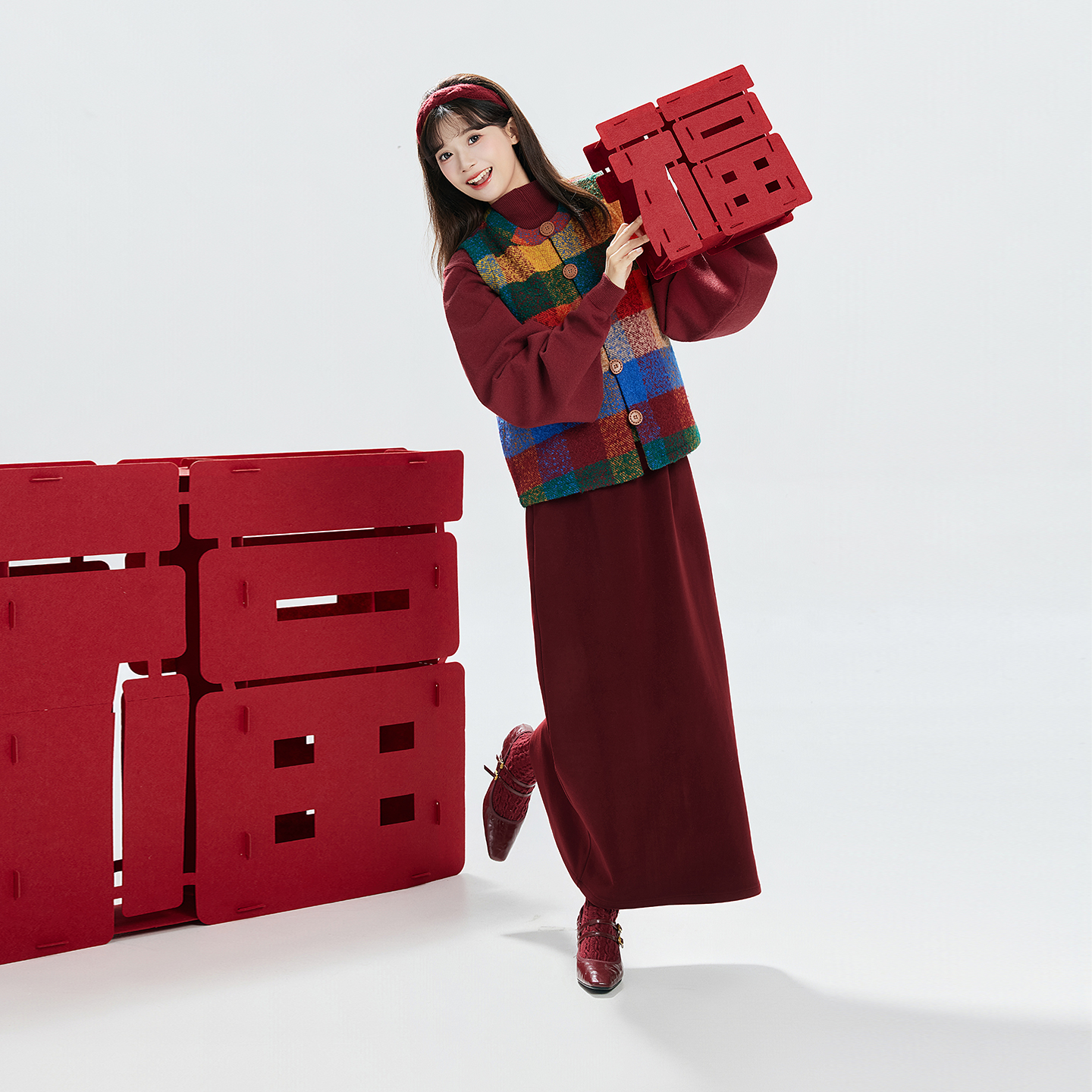 织造司[虹云]新中式红色过年穿搭国风马甲毛衣女秋冬半身长裙套装