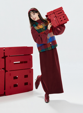 织造司[虹云]新中式红色过年穿搭国风马甲毛衣女秋冬半身长裙套装