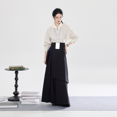 织造司[简叙]新中式无性别条纹翻领衬衫女上衣阔腿裤裙子改良汉服