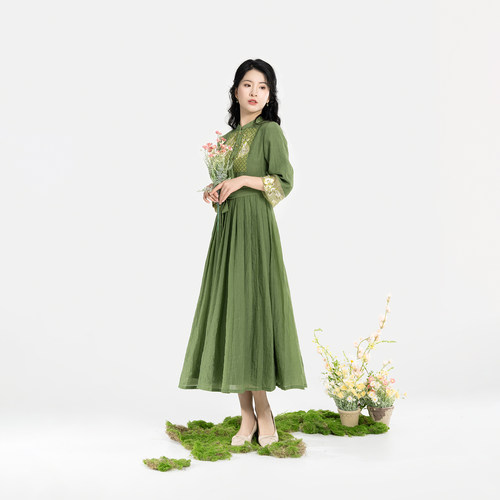 织造司[翠玉芳华]原创国风汉元素绣花补子衬衫裙莱赛尔连衣裙褶裙