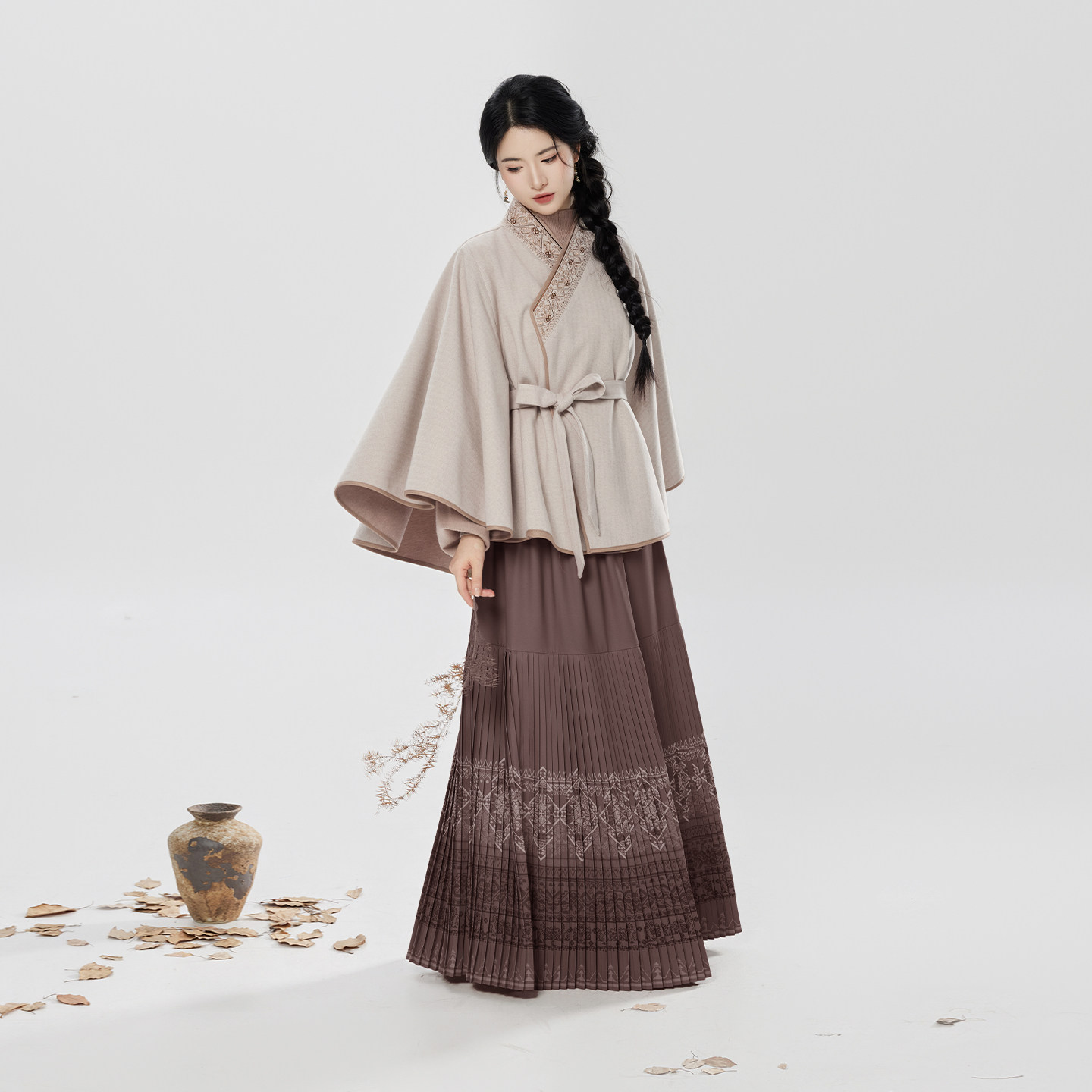 织造司[古湘]半高领毛衣半身裙女百褶裙斗篷外套上衣改良交领汉服,女装/女士精品,汉服套装,淘宝优惠券,粉丝福利购,淘宝优惠卷