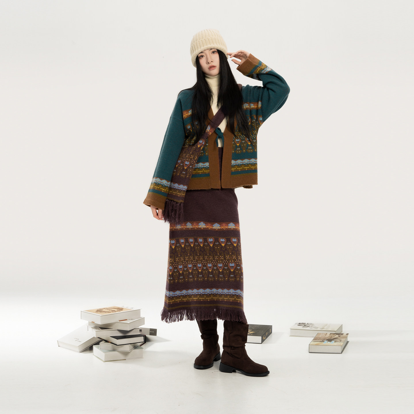 织造司[牧诗]国风毛衣开衫外套女2025新款针织高领打底衫半身裙子,女装/女士精品,汉服套装,淘宝优惠券,粉丝福利购,淘宝优惠卷