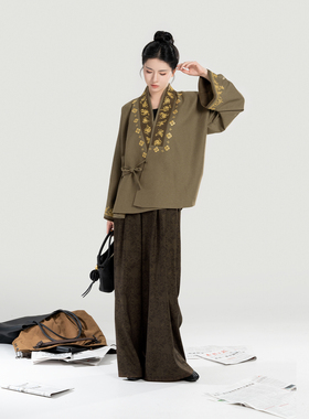 织造司[都市道中人]新中式八仙龟背绣花交领外套上衣阔腿裤长裤女
