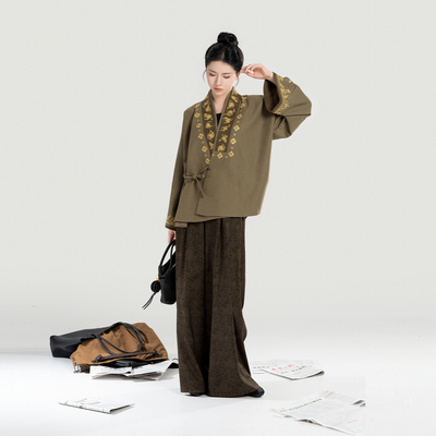 织造司[都市道中人]新中式八仙龟背绣花交领外套上衣阔腿裤长裤女