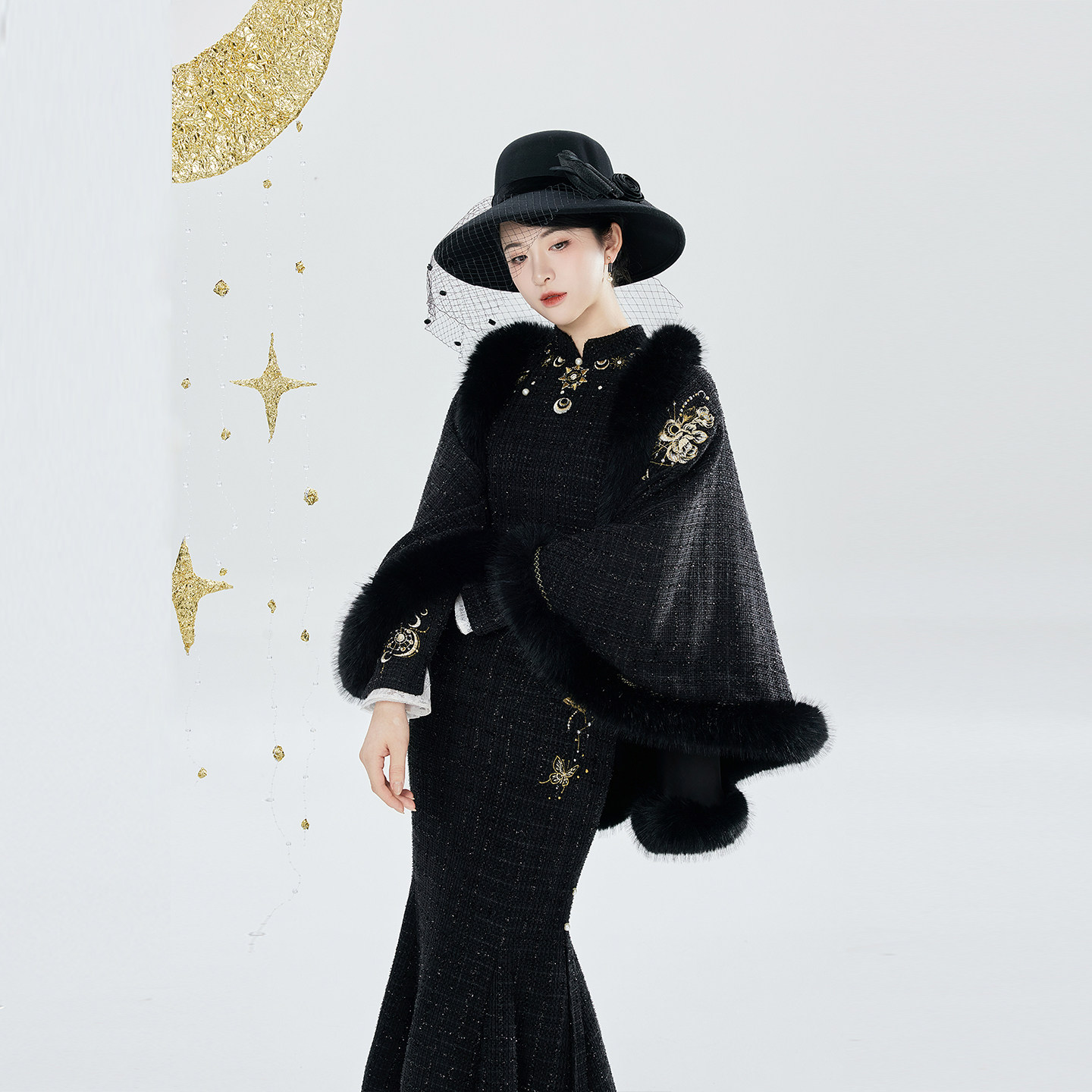 织造司[日月同姝]新中式千金小香风绣花斗篷外套旗袍连衣裙鱼尾裙,女装/女士精品,汉服套装,淘宝优惠券,粉丝福利购,淘宝优惠卷