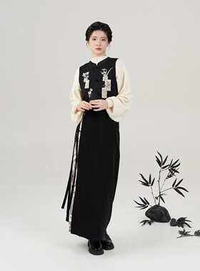 织造司[君子颂]原创国风汉元素立领绣花马甲上衣竹纹印花宋旋裙女