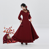 织造司 国风长裙 连衣裙女冬新中式 冬柿 红色新年战袍绣花呢子长袖