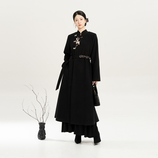 织造司[晚香意]新中式圆领毛呢外套中长款国风呢子大衣连衣裙套装