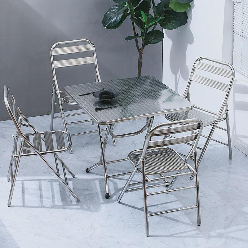 W7不锈a钢可折叠圆桌立体收纳小方形桌吃饭餐桌户外家用折叠圆形