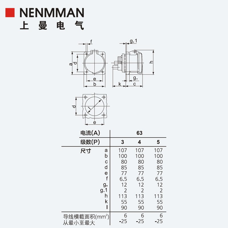 上曼电气NENfMMAN防水工业暗装插座TYP:1252面板插座63A 5P IP44