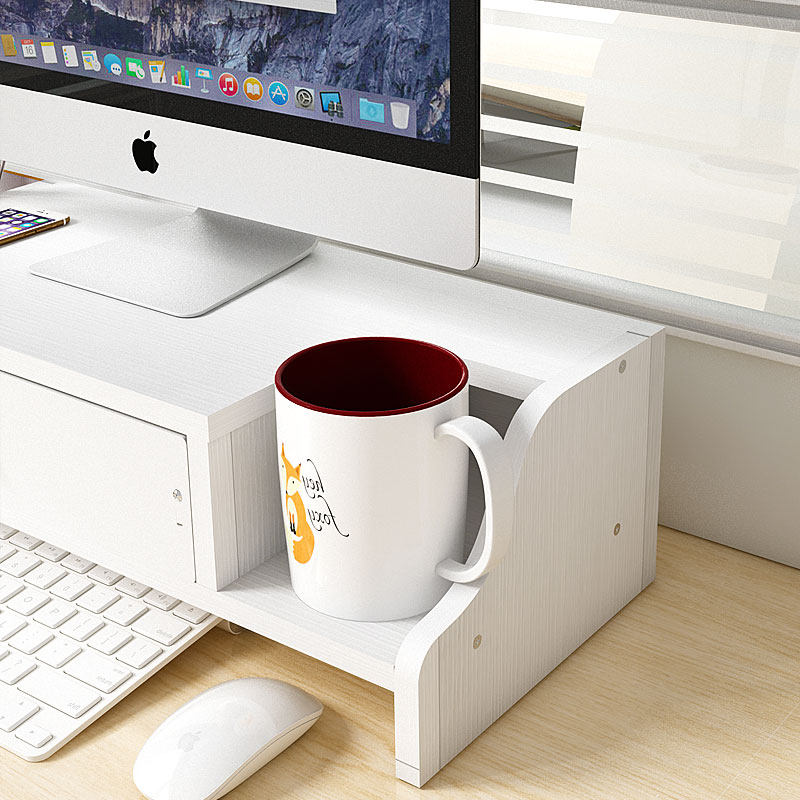 电脑萤幕增高架办公室工位桌上带抽屉双层白色收纳层架台式垫高支