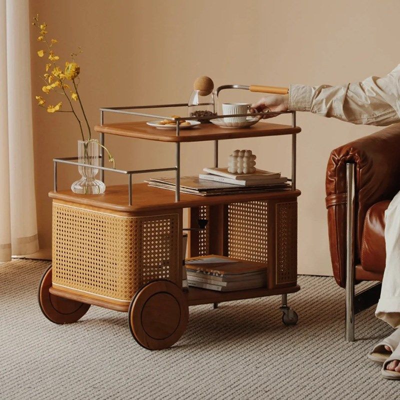 实木藤编小推车客厅收纳床头柜中复古餐车不锈钢置物架可移动边几,住宅家具,移动边几/推车,淘宝优惠券,粉丝福利购,淘宝优惠卷