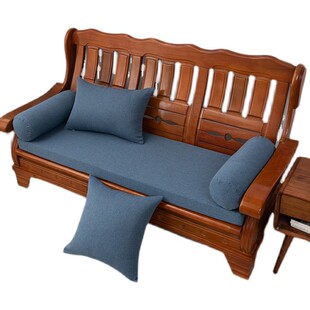 纯色亚麻实木沙发坐垫简约现代红木椅35D加硬海绵座垫防滑可拆洗