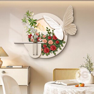 法式奶油风饭厅装饰画蝴蝶玫瑰客厅挂画高级感水培绿植置物架壁画