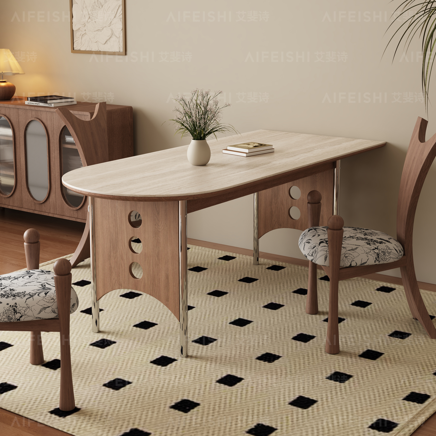 德利丰洞石岩板法式复古实木餐桌