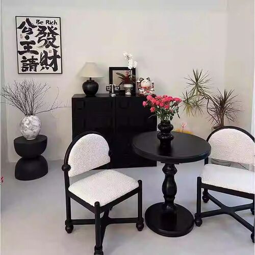 法式美式餐桌黑色实木中古圆形咖啡桌H洽谈木质美式小圆桌酒店边