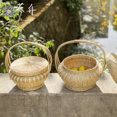 拜神篮子竹编篮带盖手提u篮婚庆复古鸡蛋装饰手工编织采摘收纳筐