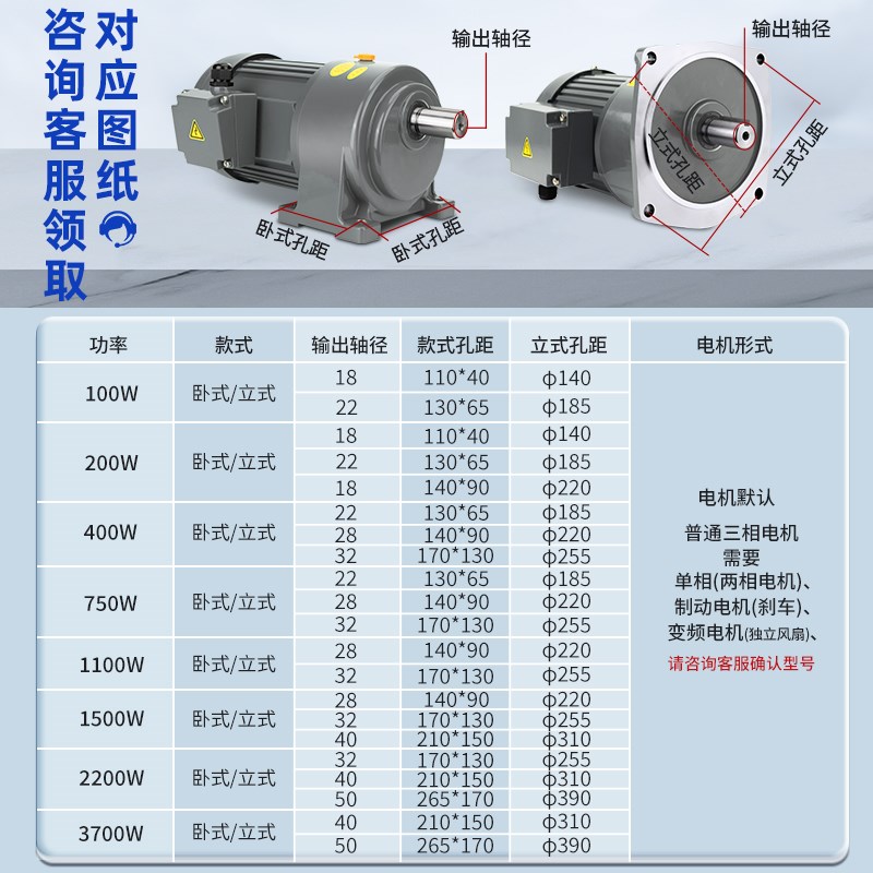 齿轮减速电机3h80V卧式立式400W750W变频调速三相电动机齿轮减速
