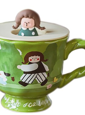 可爱绿色马克f杯女夏季水杯家用带盖勺陶瓷杯子办公室早餐杯咖啡