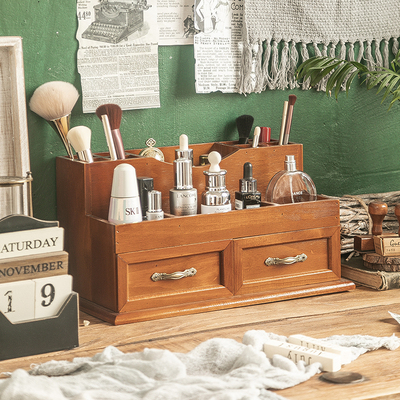 实木化妆品收纳盒桌面复古置物架首饰盒高档精致抽屉式Y防尘小柜