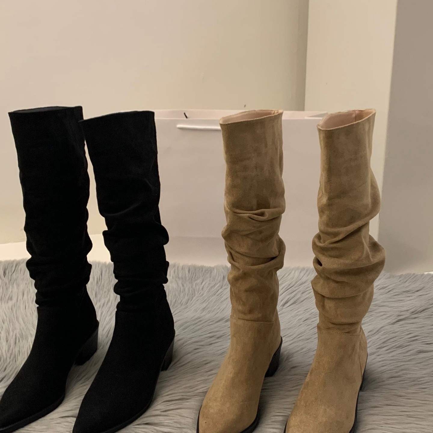 高跟绒面西部中长靴女鞋