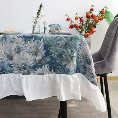 美作元素美式油画风布艺长方形白色花边餐桌布客厅茶几布工厂直供