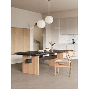 侘寂中古风实木大板餐桌长方形复古黑色家用一体两用客厅书桌茶桌